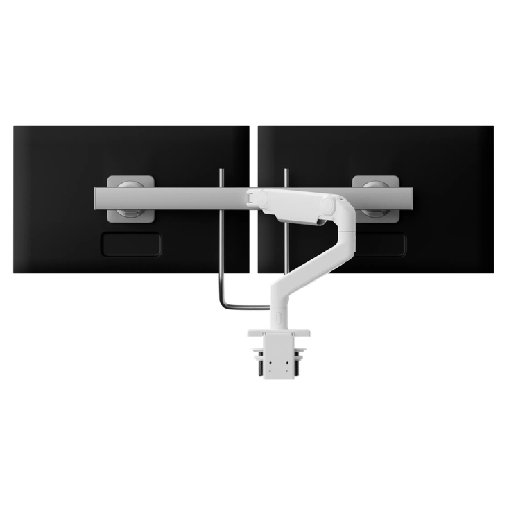M8 Pro Dual Monitor Arm, Crossbar, with Handle, Angled/Dynamic Links, Grey 100x100mm VESA, White with White Trim